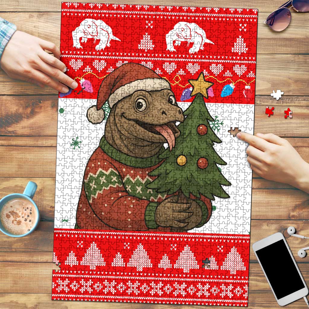 Indonesia Christmas Puzzle with Komodo Dragon Santa Hat Christmas Tree and Red White Holiday - Wonder Print Shop