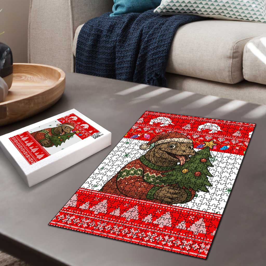 Indonesia Christmas Puzzle with Komodo Dragon Santa Hat Christmas Tree and Red White Holiday - Wonder Print Shop
