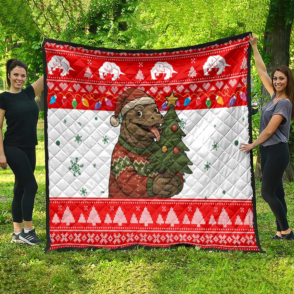 Indonesia Christmas Quilt with Komodo Dragon Santa Hat Christmas Tree and Red White Holiday - Wonder Print Shop