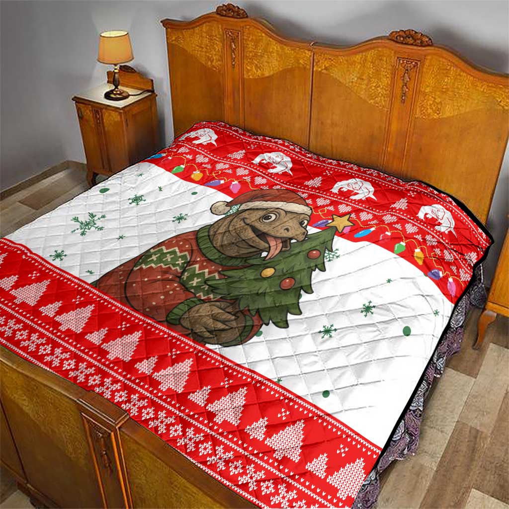 Indonesia Christmas Quilt with Komodo Dragon Santa Hat Christmas Tree and Red White Holiday - Wonder Print Shop