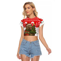 Indonesia Christmas Raglan Cropped T Shirt with Komodo Dragon Santa Hat Christmas Tree and Red White Holiday - Wonder Print Shop