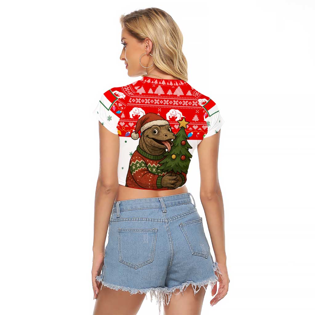 Indonesia Christmas Raglan Cropped T Shirt with Komodo Dragon Santa Hat Christmas Tree and Red White Holiday - Wonder Print Shop