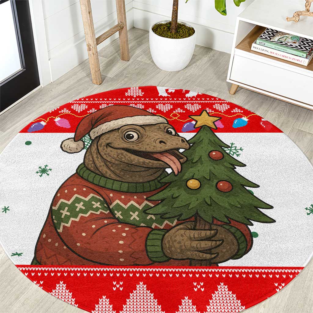 Indonesia Christmas Round Carpet with Komodo Dragon Santa Hat Christmas Tree and Red White Holiday - Wonder Print Shop
