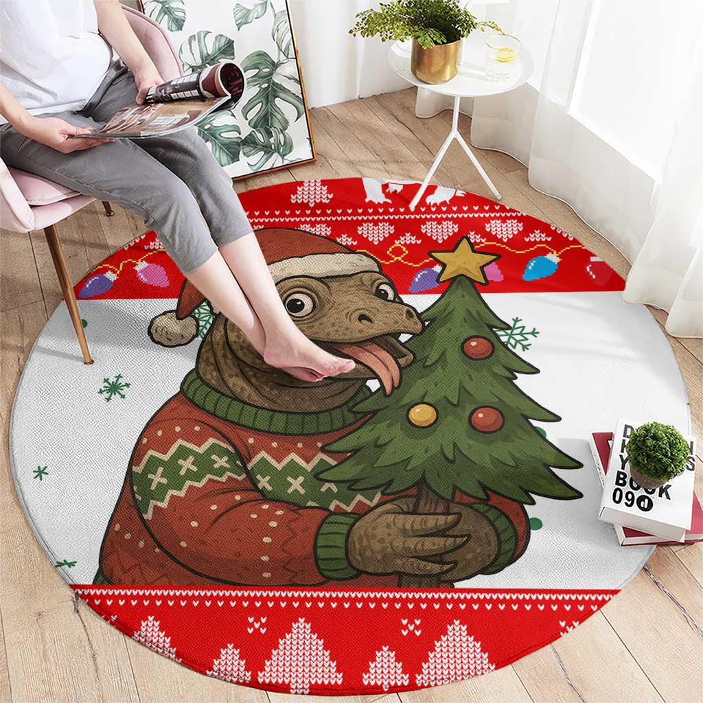 Indonesia Christmas Round Carpet with Komodo Dragon Santa Hat Christmas Tree and Red White Holiday - Wonder Print Shop