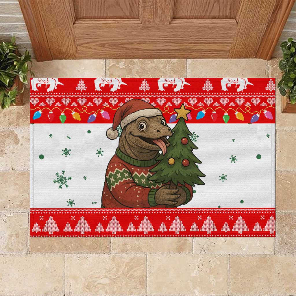 Indonesia Christmas Rubber Doormat with Komodo Dragon Santa Hat Christmas Tree and Red White Holiday - Wonder Print Shop