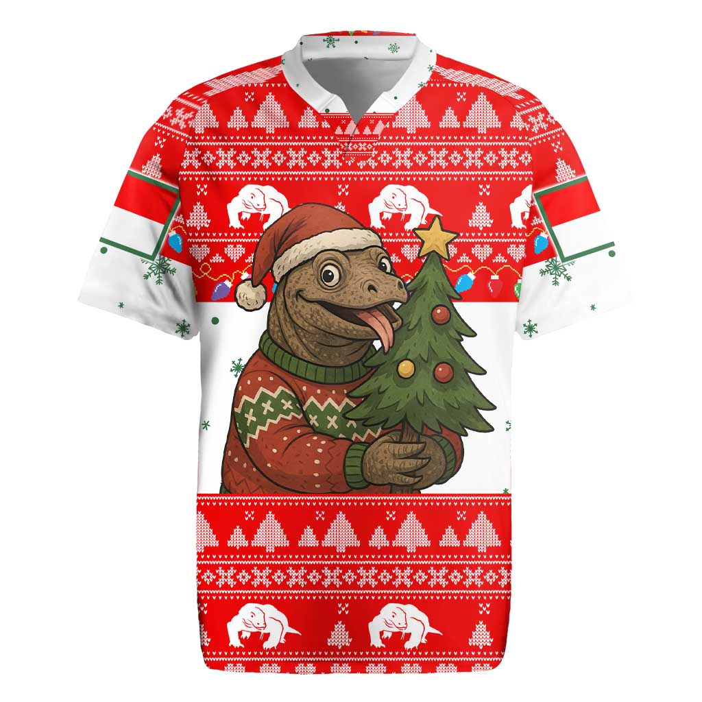 Indonesia Christmas Rugby Jersey with Komodo Dragon Santa Hat Christmas Tree and Red White Holiday - Wonder Print Shop