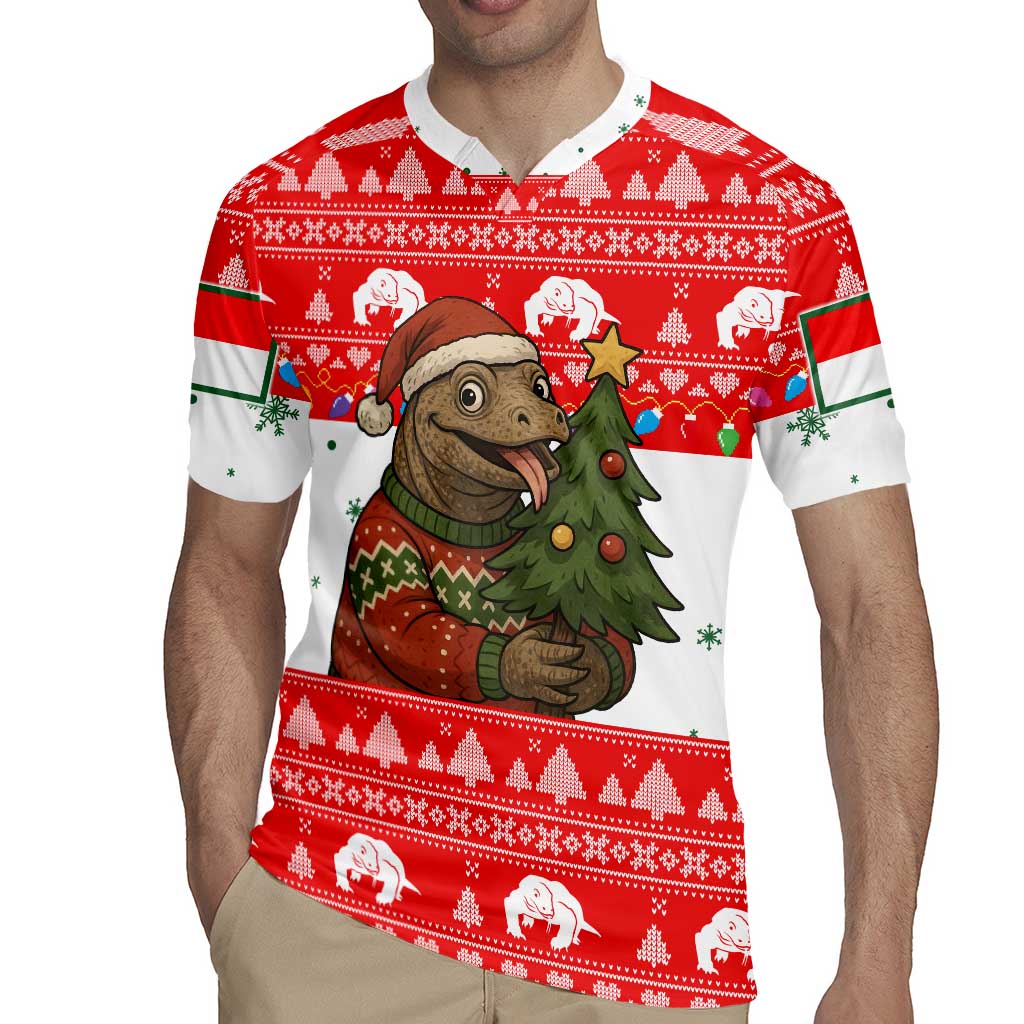 Indonesia Christmas Rugby Jersey with Komodo Dragon Santa Hat Christmas Tree and Red White Holiday - Wonder Print Shop