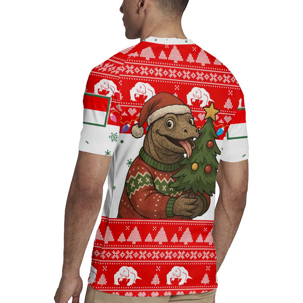 Indonesia Christmas Rugby Jersey with Komodo Dragon Santa Hat Christmas Tree and Red White Holiday - Wonder Print Shop