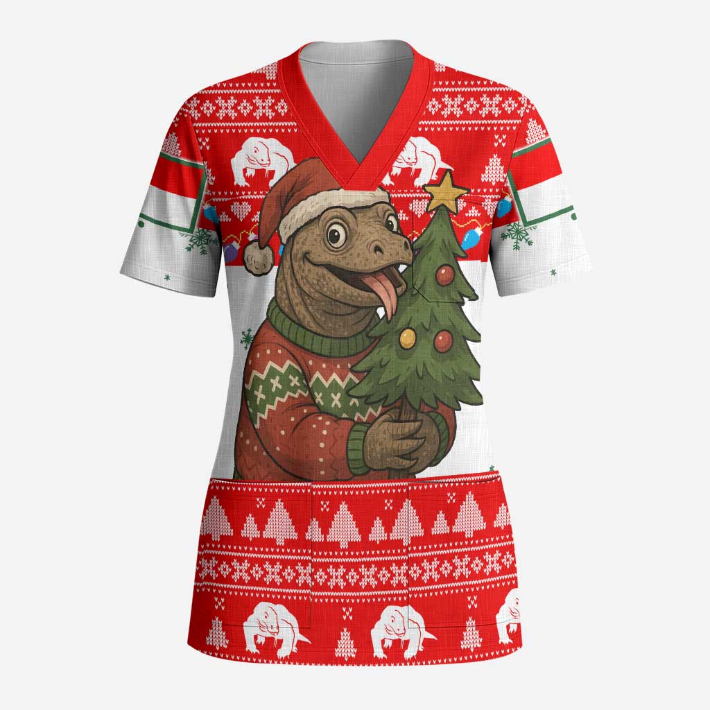 Indonesia Christmas Scrub Top with Komodo Dragon Santa Hat Christmas Tree and Red White Holiday - Wonder Print Shop