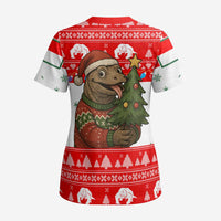 Indonesia Christmas Scrub Top with Komodo Dragon Santa Hat Christmas Tree and Red White Holiday - Wonder Print Shop