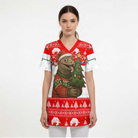 Indonesia Christmas Scrub Top with Komodo Dragon Santa Hat Christmas Tree and Red White Holiday - Wonder Print Shop