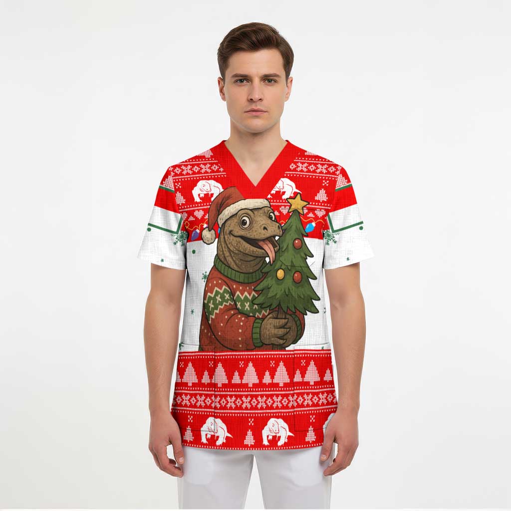 Indonesia Christmas Scrub Top with Komodo Dragon Santa Hat Christmas Tree and Red White Holiday - Wonder Print Shop