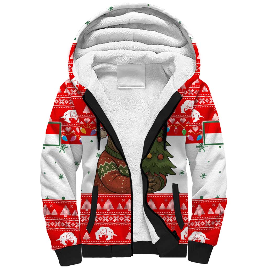 Indonesia Christmas Sherpa Hoodie with Komodo Dragon Santa Hat Christmas Tree and Red White Holiday - Wonder Print Shop