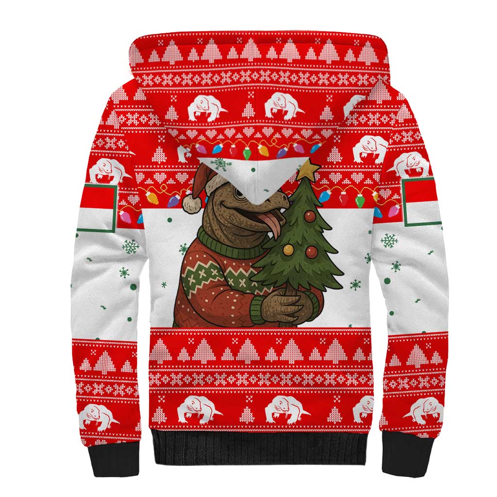 Indonesia Christmas Sherpa Hoodie with Komodo Dragon Santa Hat Christmas Tree and Red White Holiday - Wonder Print Shop
