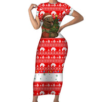 Indonesia Christmas Short Sleeve Bodycon Dress with Komodo Dragon Santa Hat Christmas Tree and Red White Holiday - Wonder Print Shop