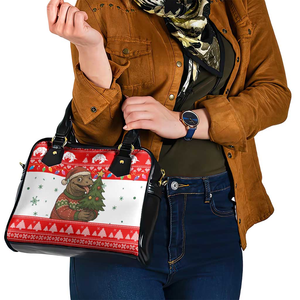 Indonesia Christmas Shoulder Handbag with Komodo Dragon Santa Hat Christmas Tree and Red White Holiday - Wonder Print Shop
