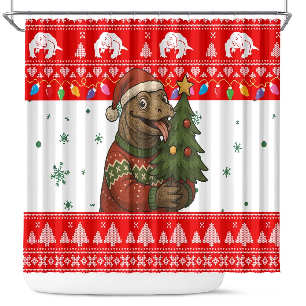 Indonesia Christmas Shower Curtain with Komodo Dragon Santa Hat Christmas Tree and Red White Holiday - Wonder Print Shop