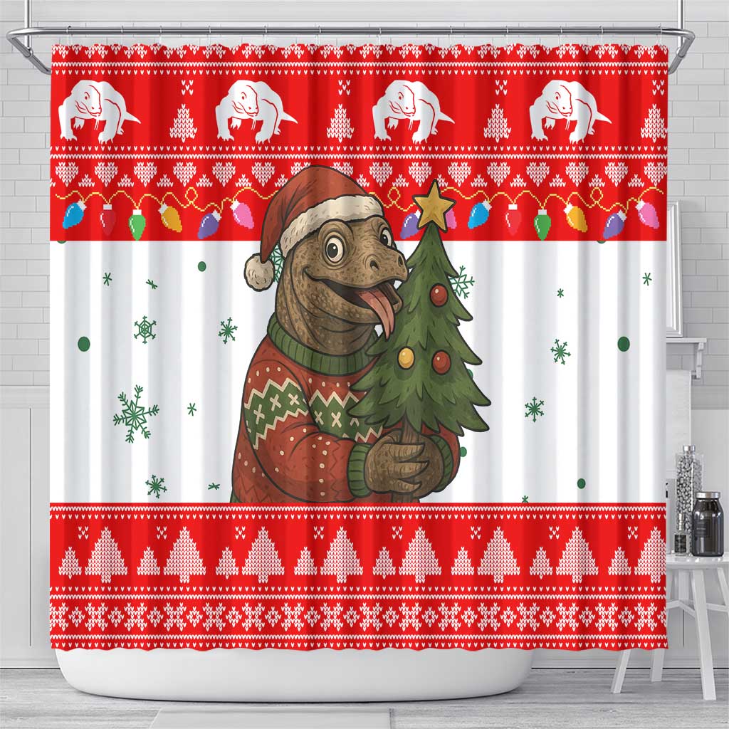 Indonesia Christmas Shower Curtain with Komodo Dragon Santa Hat Christmas Tree and Red White Holiday - Wonder Print Shop