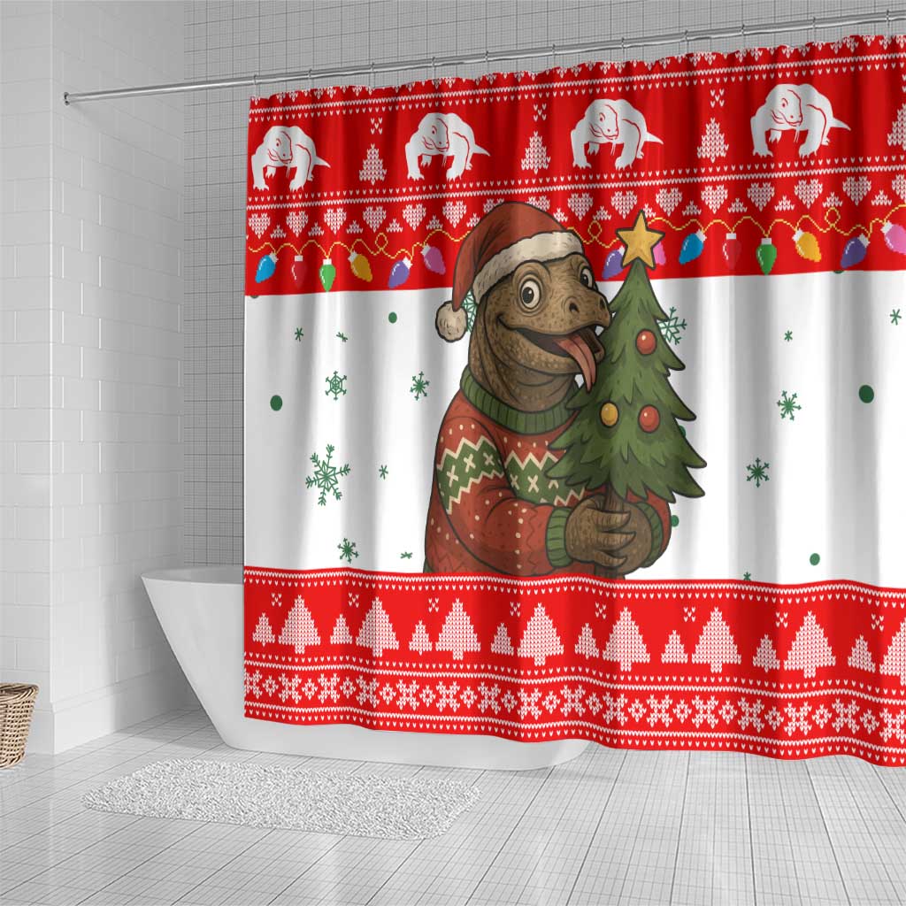 Indonesia Christmas Shower Curtain with Komodo Dragon Santa Hat Christmas Tree and Red White Holiday - Wonder Print Shop