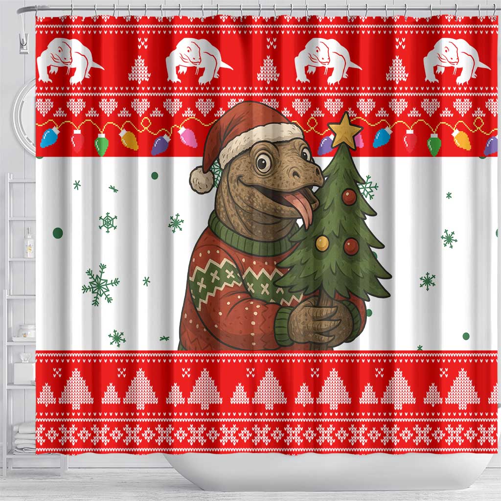 Indonesia Christmas Shower Curtain with Komodo Dragon Santa Hat Christmas Tree and Red White Holiday - Wonder Print Shop