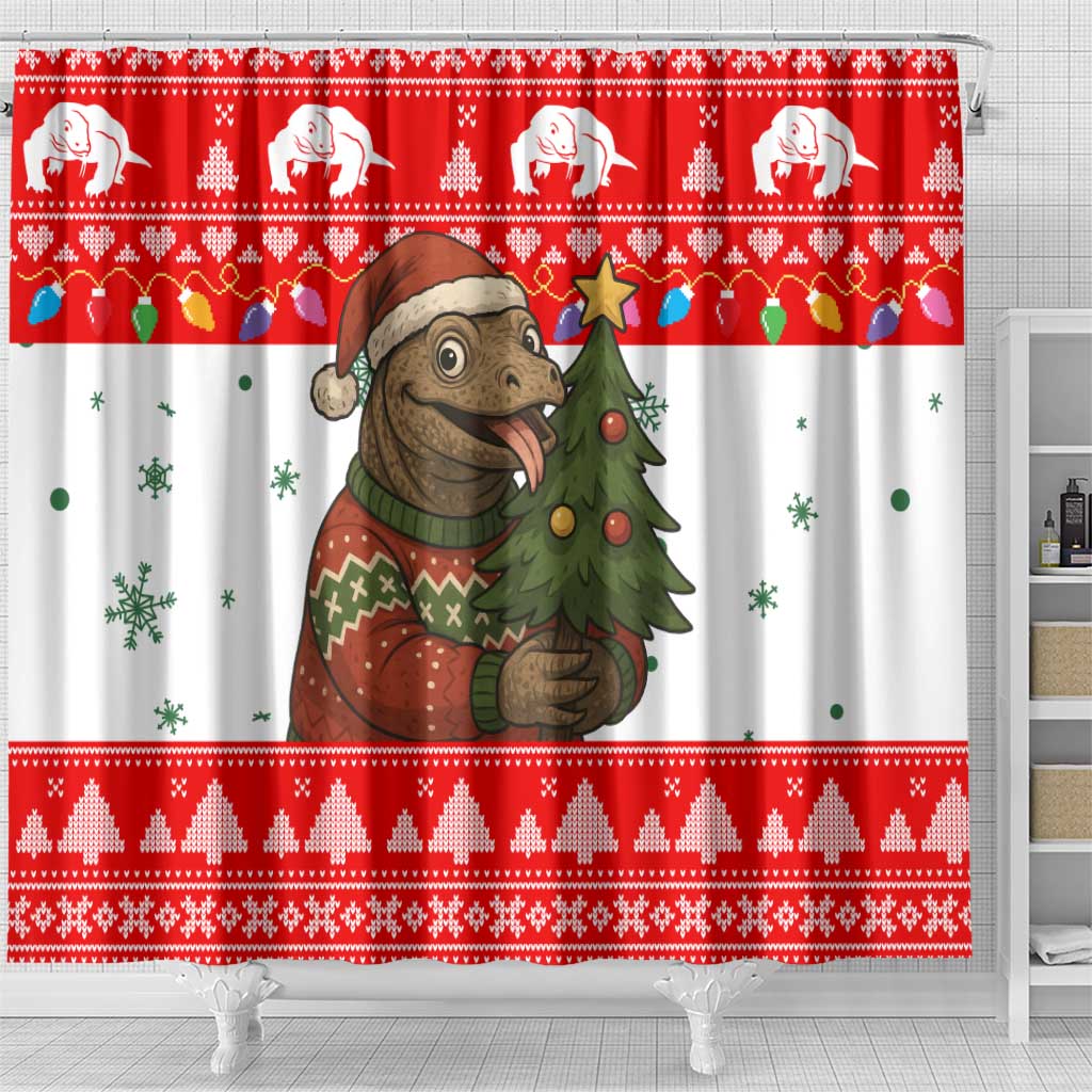 Indonesia Christmas Shower Curtain with Komodo Dragon Santa Hat Christmas Tree and Red White Holiday - Wonder Print Shop