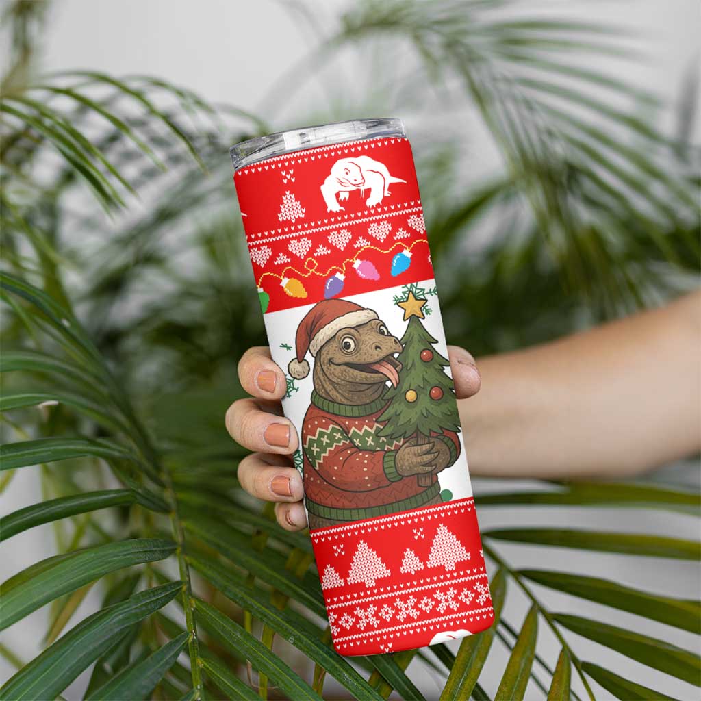 Indonesia Christmas Skinny Tumbler with Komodo Dragon Santa Hat Christmas Tree and Red White Holiday - Wonder Print Shop