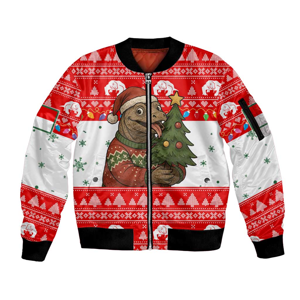 Indonesia Christmas Sleeve Zip Bomber Jacket with Komodo Dragon Santa Hat Christmas Tree and Red White Holiday - Wonder Print Shop
