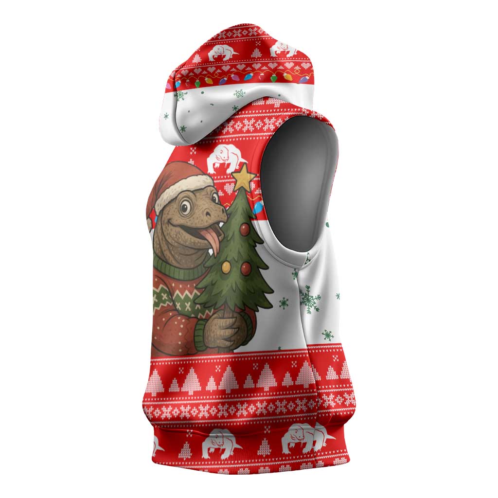 Indonesia Christmas Sleeveless Hoodie with Komodo Dragon Santa Hat Christmas Tree and Red White Holiday - Wonder Print Shop