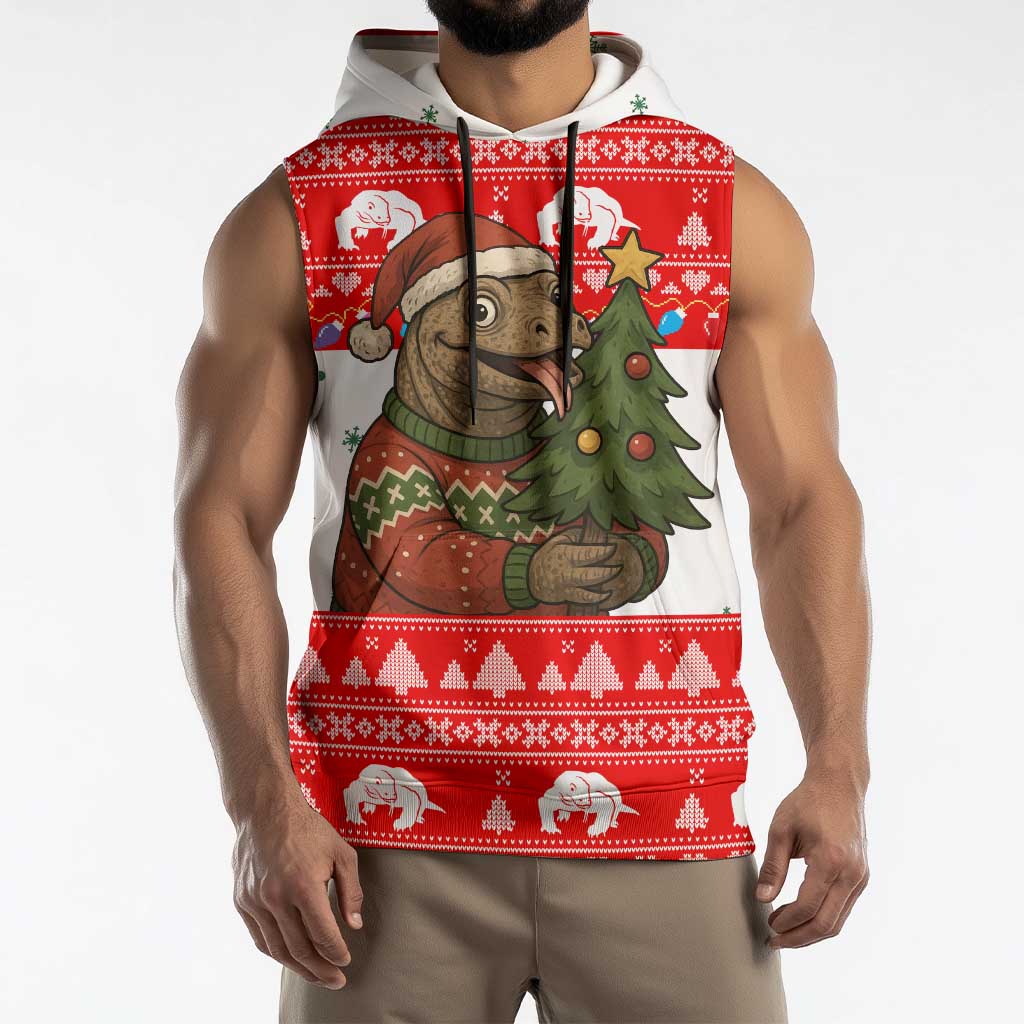Indonesia Christmas Sleeveless Hoodie with Komodo Dragon Santa Hat Christmas Tree and Red White Holiday - Wonder Print Shop