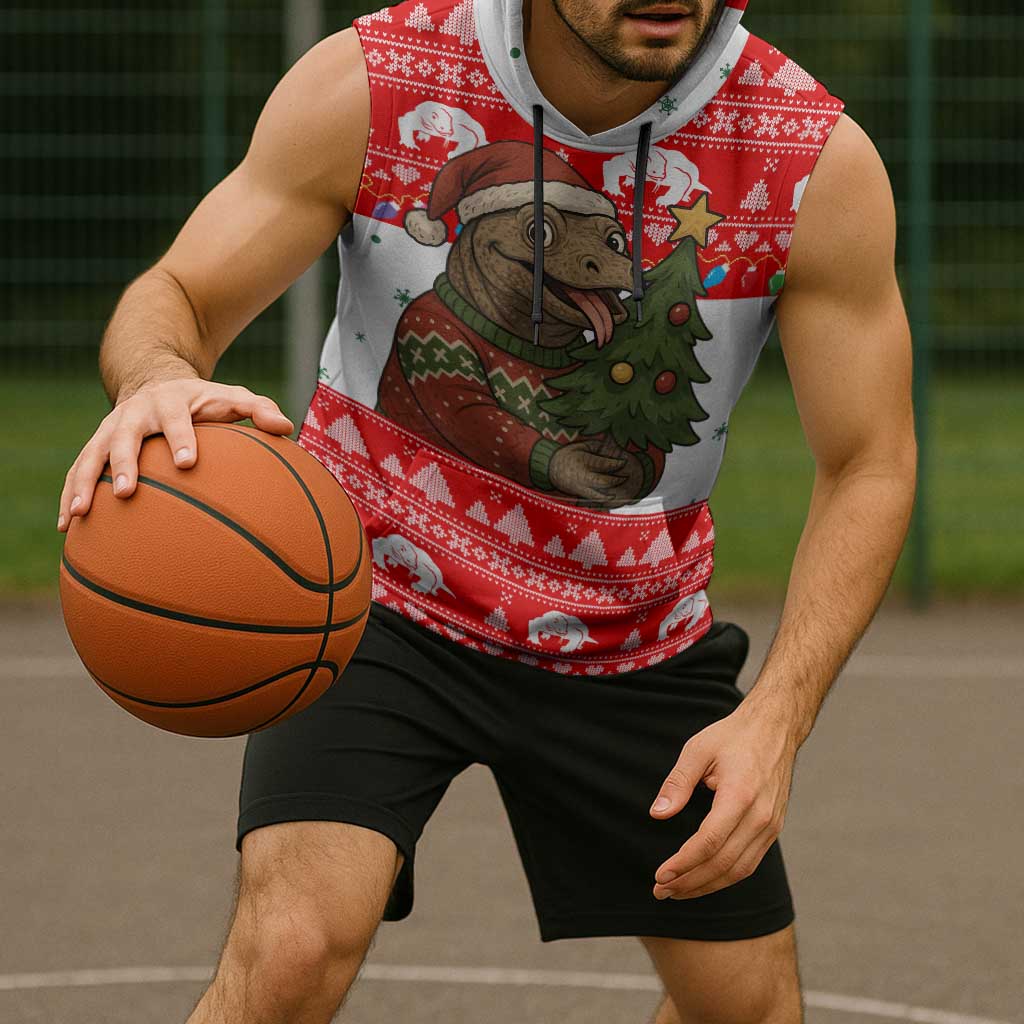 Indonesia Christmas Sleeveless Hoodie with Komodo Dragon Santa Hat Christmas Tree and Red White Holiday - Wonder Print Shop
