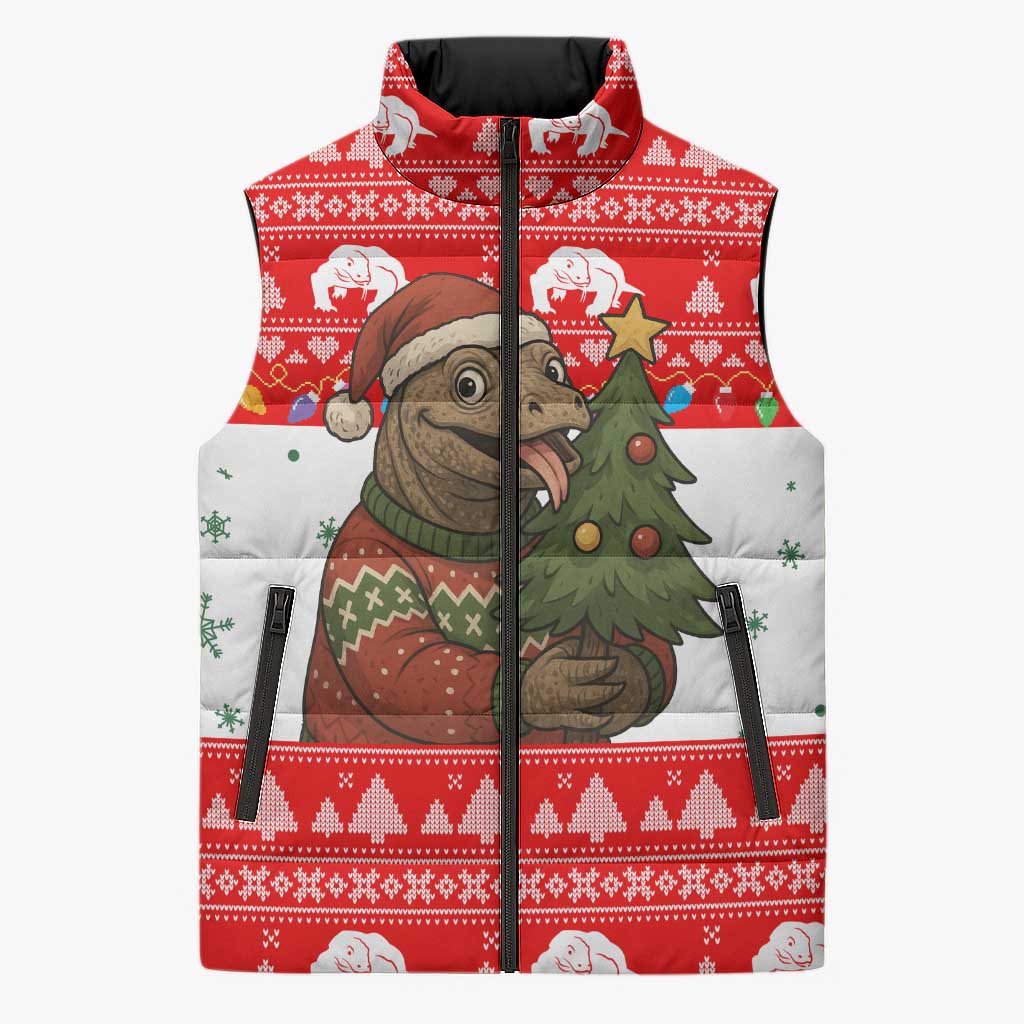 Indonesia Christmas Sleeveless Puffer Jacket with Komodo Dragon Santa Hat Christmas Tree and Red White Holiday - Wonder Print Shop