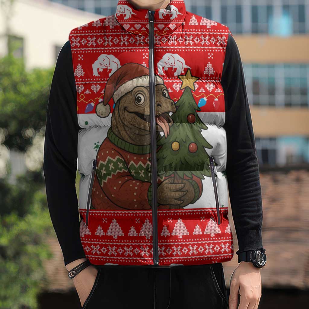 Indonesia Christmas Sleeveless Puffer Jacket with Komodo Dragon Santa Hat Christmas Tree and Red White Holiday - Wonder Print Shop
