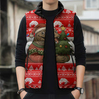 Indonesia Christmas Sleeveless Puffer Jacket with Komodo Dragon Santa Hat Christmas Tree and Red White Holiday - Wonder Print Shop