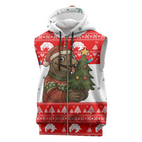 Indonesia Christmas Sleeveless Zip Hoodie with Komodo Dragon Santa Hat Christmas Tree and Red White Holiday - Wonder Print Shop