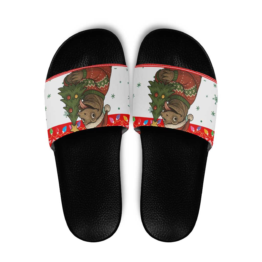 Indonesia Christmas Slide Sandals with Komodo Dragon Santa Hat Christmas Tree and Red White Holiday - Wonder Print Shop