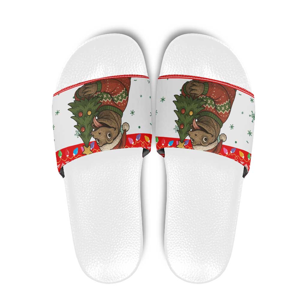 Indonesia Christmas Slide Sandals with Komodo Dragon Santa Hat Christmas Tree and Red White Holiday - Wonder Print Shop