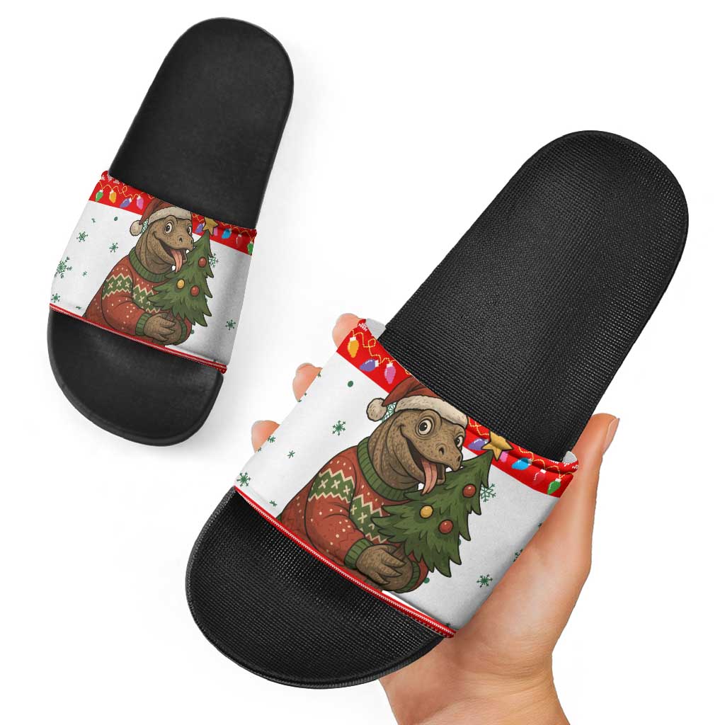 Indonesia Christmas Slide Sandals with Komodo Dragon Santa Hat Christmas Tree and Red White Holiday - Wonder Print Shop