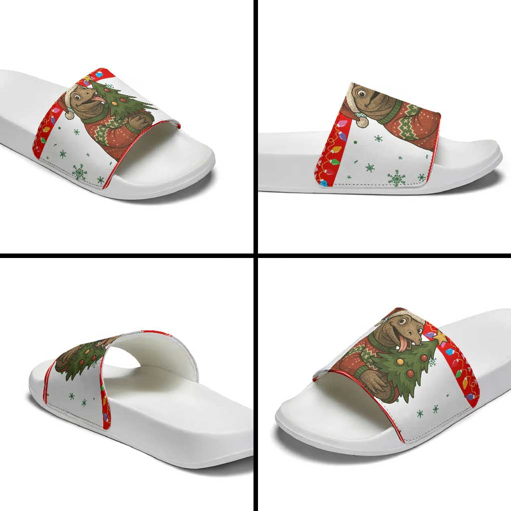 Indonesia Christmas Slide Sandals with Komodo Dragon Santa Hat Christmas Tree and Red White Holiday - Wonder Print Shop