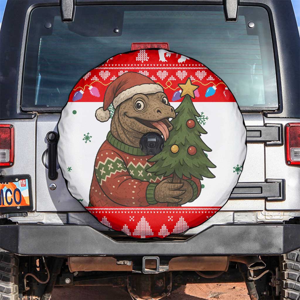 Indonesia Christmas Spare Tire Cover with Komodo Dragon Santa Hat Christmas Tree and Red White Holiday - Wonder Print Shop