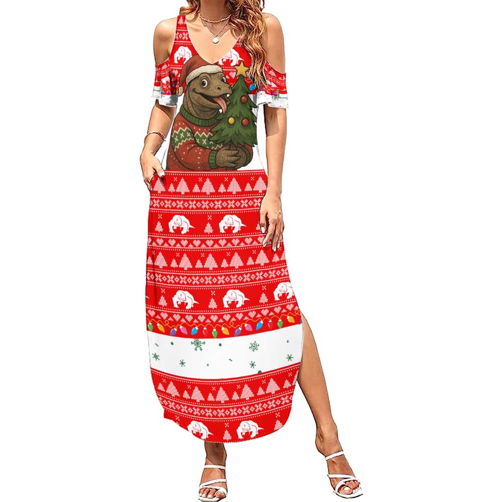Indonesia Christmas Summer Maxi Dress with Komodo Dragon Santa Hat Christmas Tree and Red White Holiday - Wonder Print Shop
