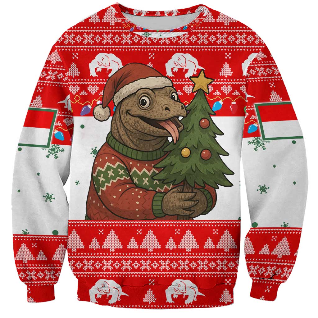Indonesia Christmas Sweatshirt with Komodo Dragon Santa Hat Christmas Tree and Red White Holiday - Wonder Print Shop
