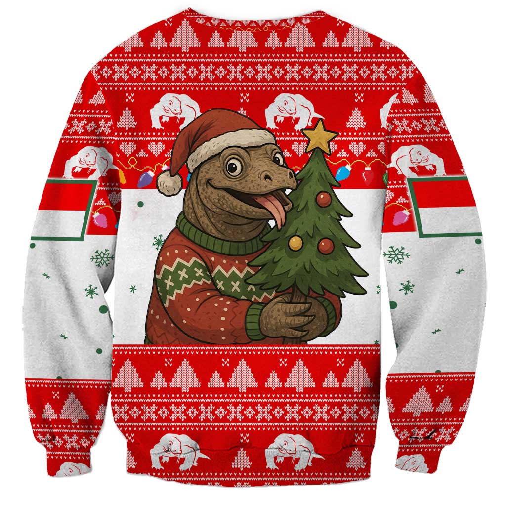 Indonesia Christmas Sweatshirt with Komodo Dragon Santa Hat Christmas Tree and Red White Holiday - Wonder Print Shop