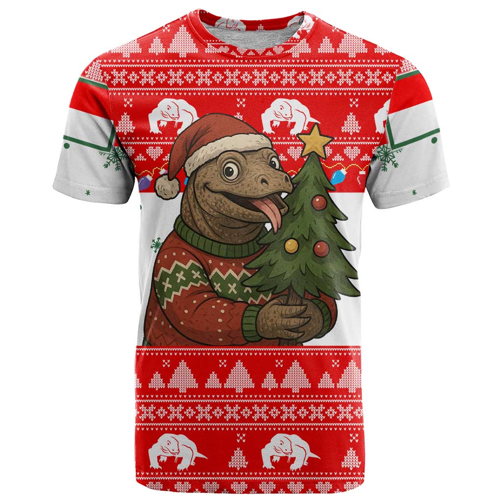 Indonesia Christmas T Shirt with Komodo Dragon Santa Hat Christmas Tree and Red White Holiday - Wonder Print Shop