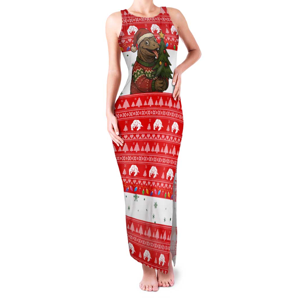 Indonesia Christmas Tank Maxi Dress with Komodo Dragon Santa Hat Christmas Tree and Red White Holiday - Wonder Print Shop