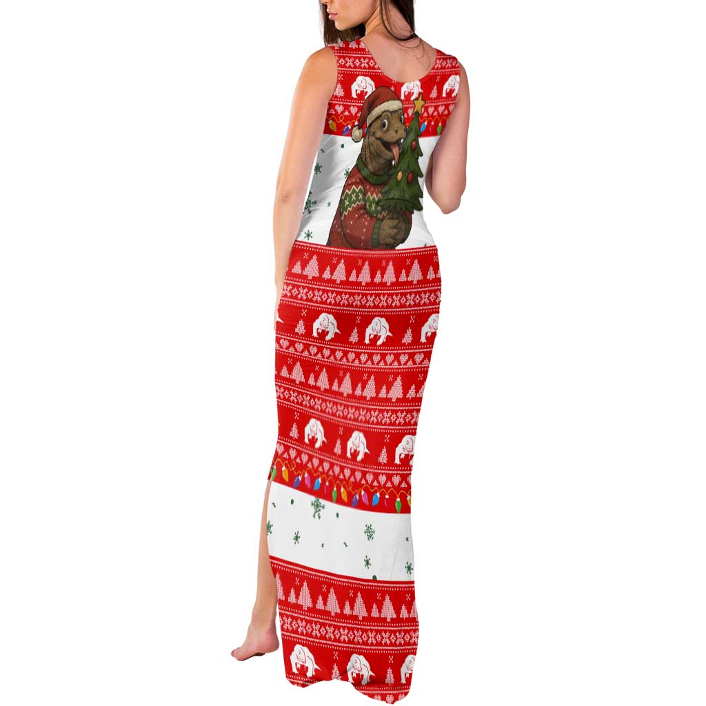 Indonesia Christmas Tank Maxi Dress with Komodo Dragon Santa Hat Christmas Tree and Red White Holiday - Wonder Print Shop