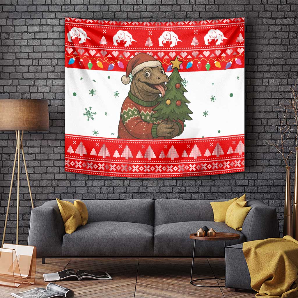 Indonesia Christmas Tapestry with Komodo Dragon Santa Hat Christmas Tree and Red White Holiday - Wonder Print Shop