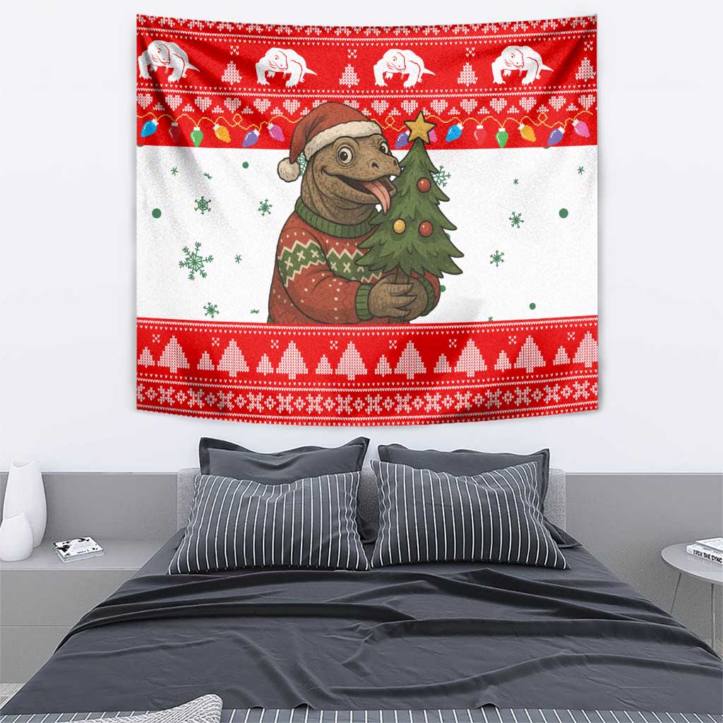 Indonesia Christmas Tapestry with Komodo Dragon Santa Hat Christmas Tree and Red White Holiday - Wonder Print Shop