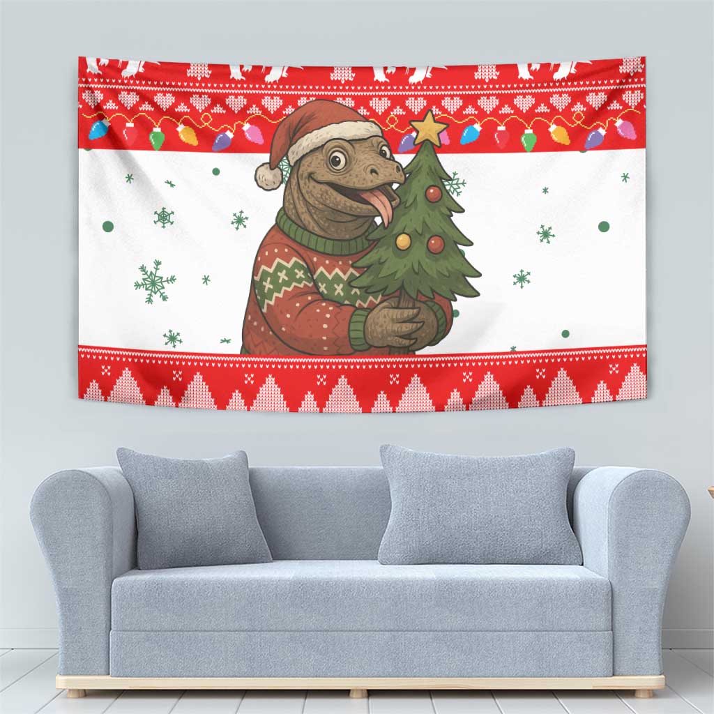 Indonesia Christmas Tapestry with Komodo Dragon Santa Hat Christmas Tree and Red White Holiday - Wonder Print Shop