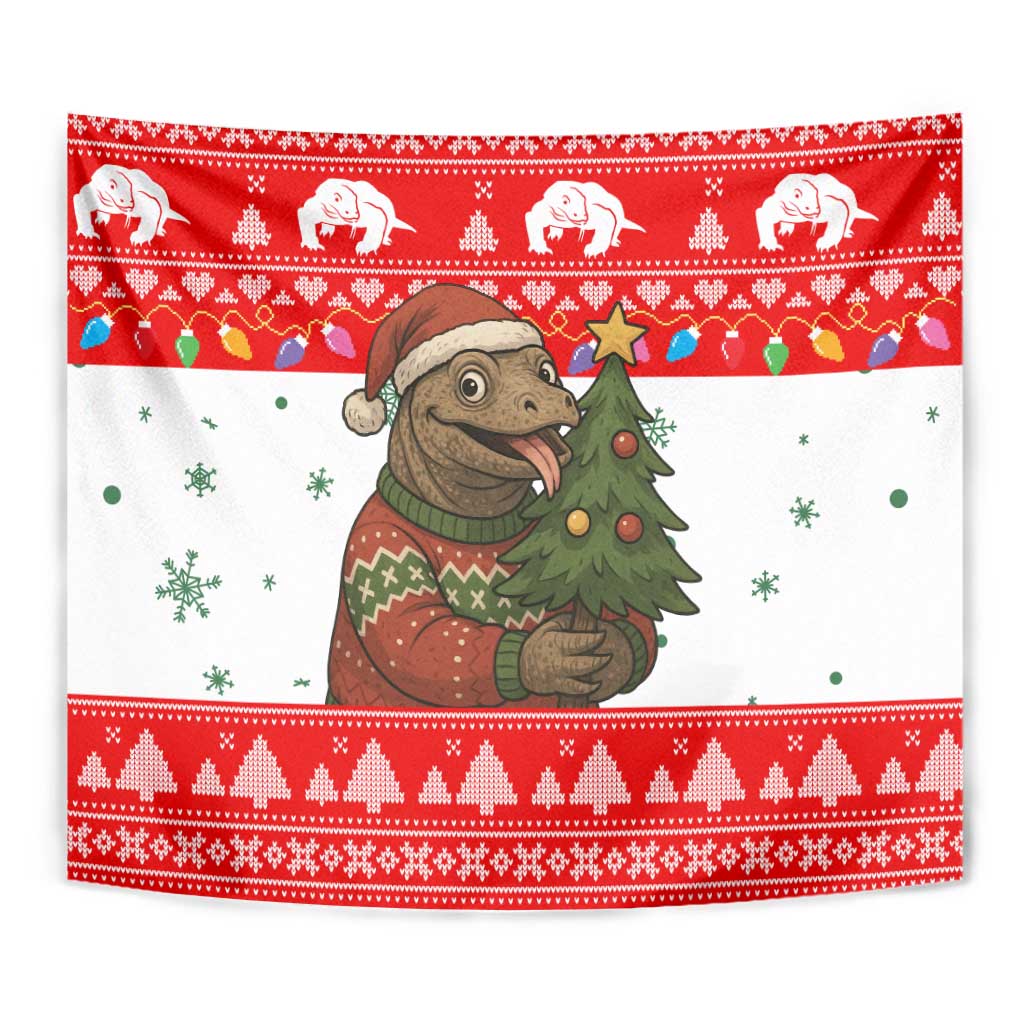 Indonesia Christmas Tapestry with Komodo Dragon Santa Hat Christmas Tree and Red White Holiday - Wonder Print Shop