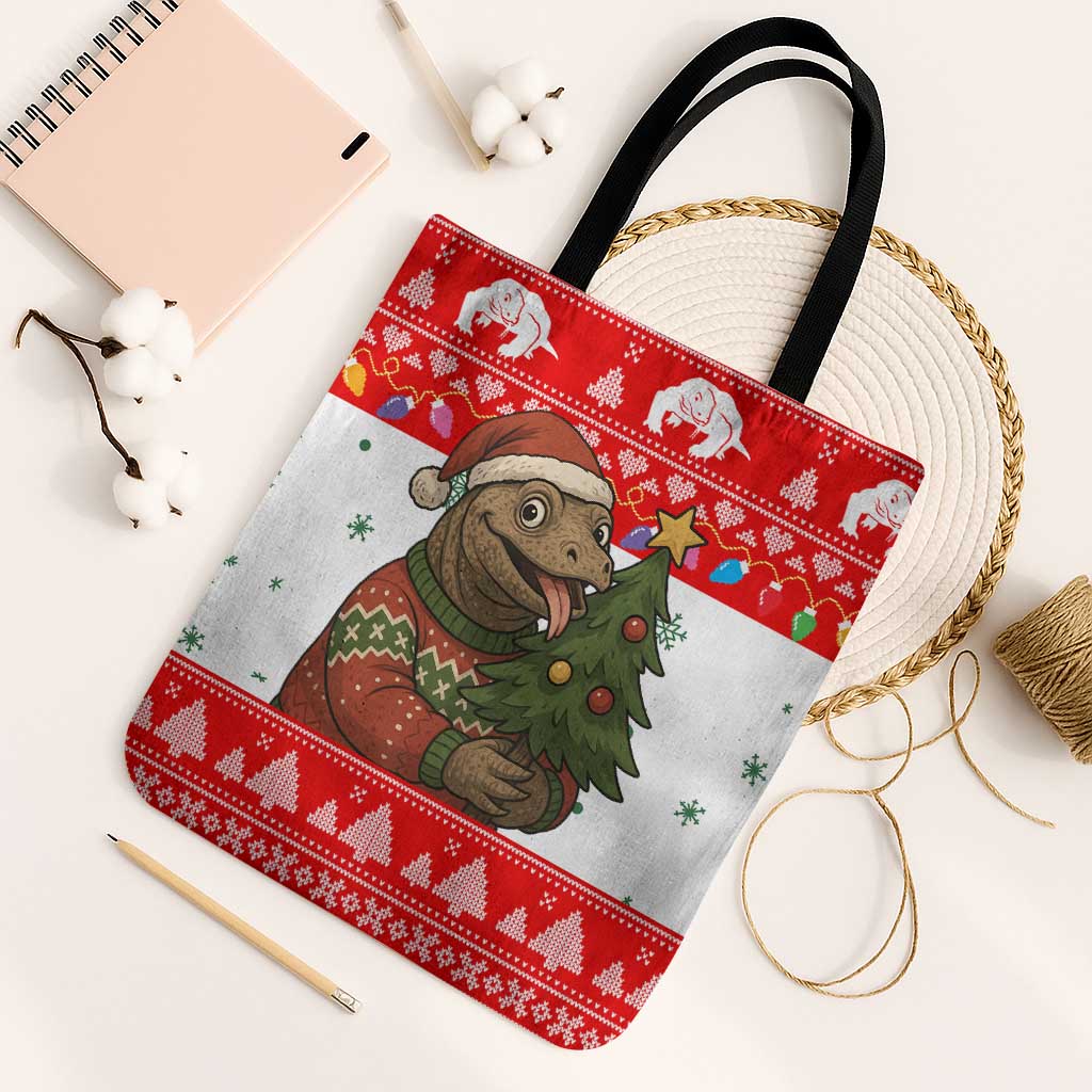 Indonesia Christmas Tote Bag with Komodo Dragon Santa Hat Christmas Tree and Red White Holiday - Wonder Print Shop